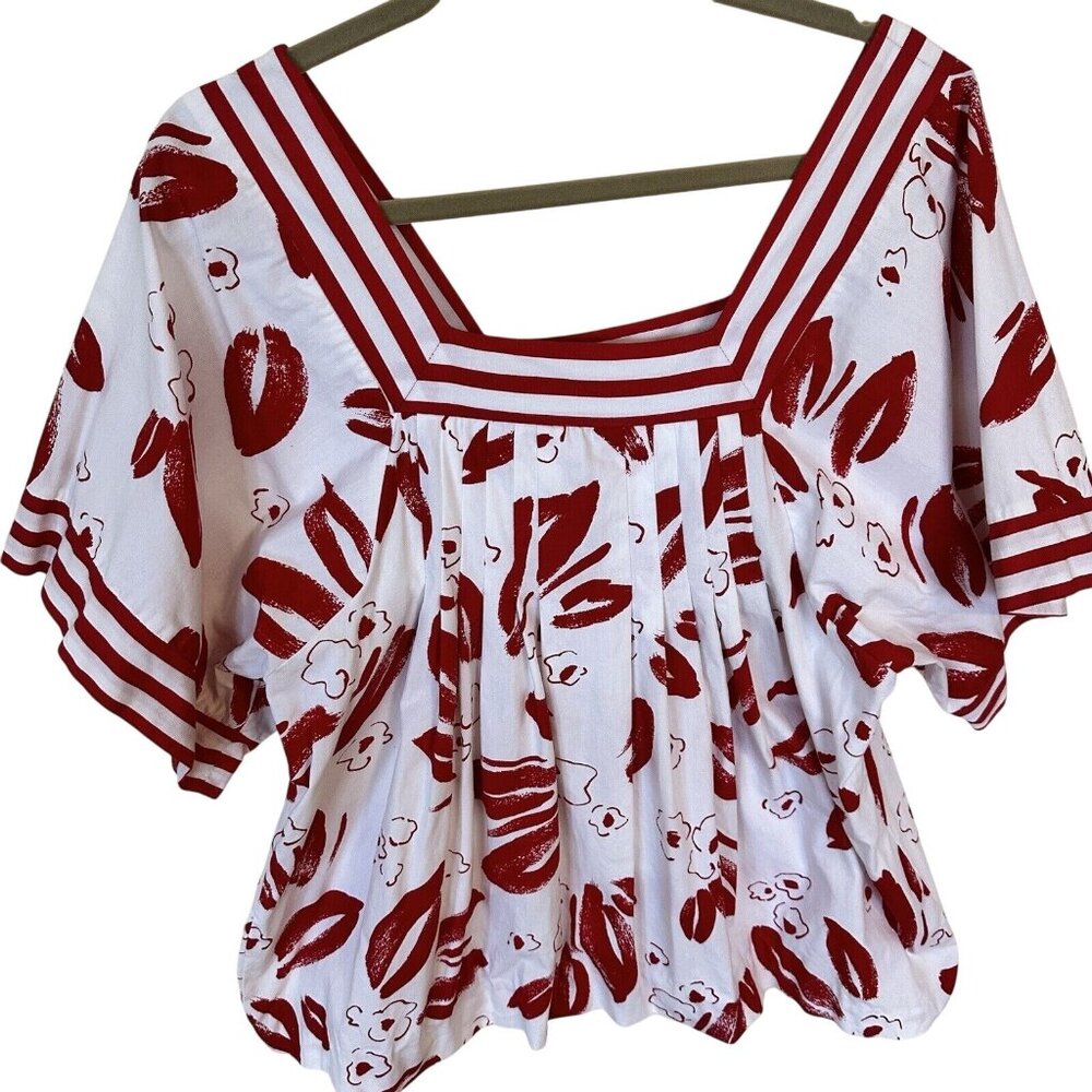 Womens Red & White Red Lips Short Sleeve Top Shirt Blouse Cotton Large Tropical